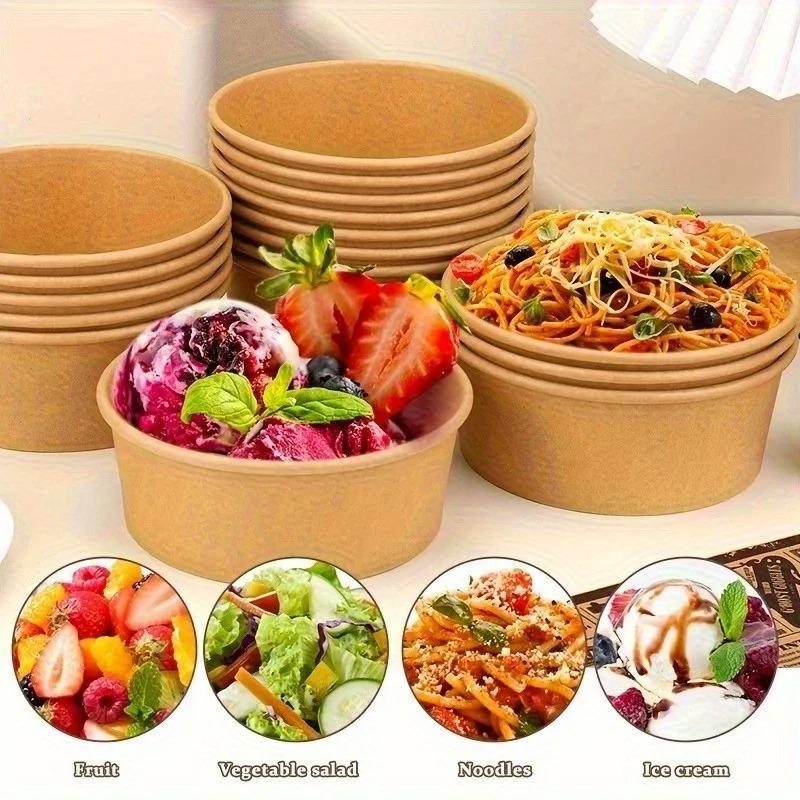 Kraft Paper Round Food Boxes with Clear Anti-Fog OPS Lids 25 Pack Heavy Duty Disposable for Food Truck Takeout Picnic Party Supplies