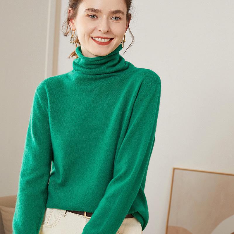 Women’s Cashmere Pile Collar Sweater - High Collar, Knitted, Loose Fit, Slim Inner Layer