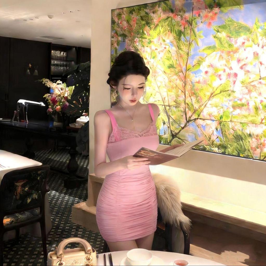 TZ6828 Pink Lace Patchwork Camisole Dress: Women's Slim-Fitting, Alluring, Hip-Hugging Short Skirt