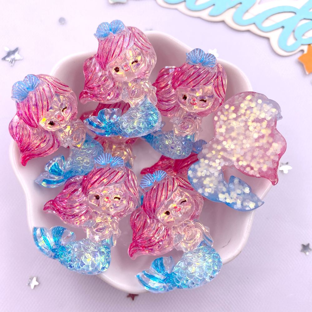 Resin Colorful Cartoon Glitter Mermaid Princess Girl Flatback Christmas Figurines 10PCS Scrapbook DIY Bow Accessory Decor Crafts