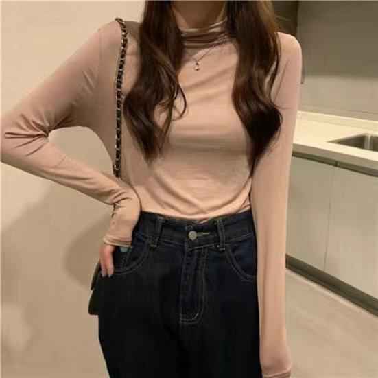 Women Bottoming Top Slim Fit Long Sleeve Half Turtleneck High Elasticity Pullover Keep Warm Solid Color Autumn Winter Lady Bottomed