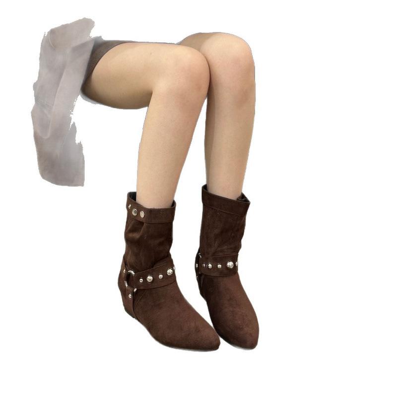 Inner Height Increasing Suede Western Cowboy Boots Women's Boots 2025 Autumn Pointed Brown Merad Liuding Martin Boots