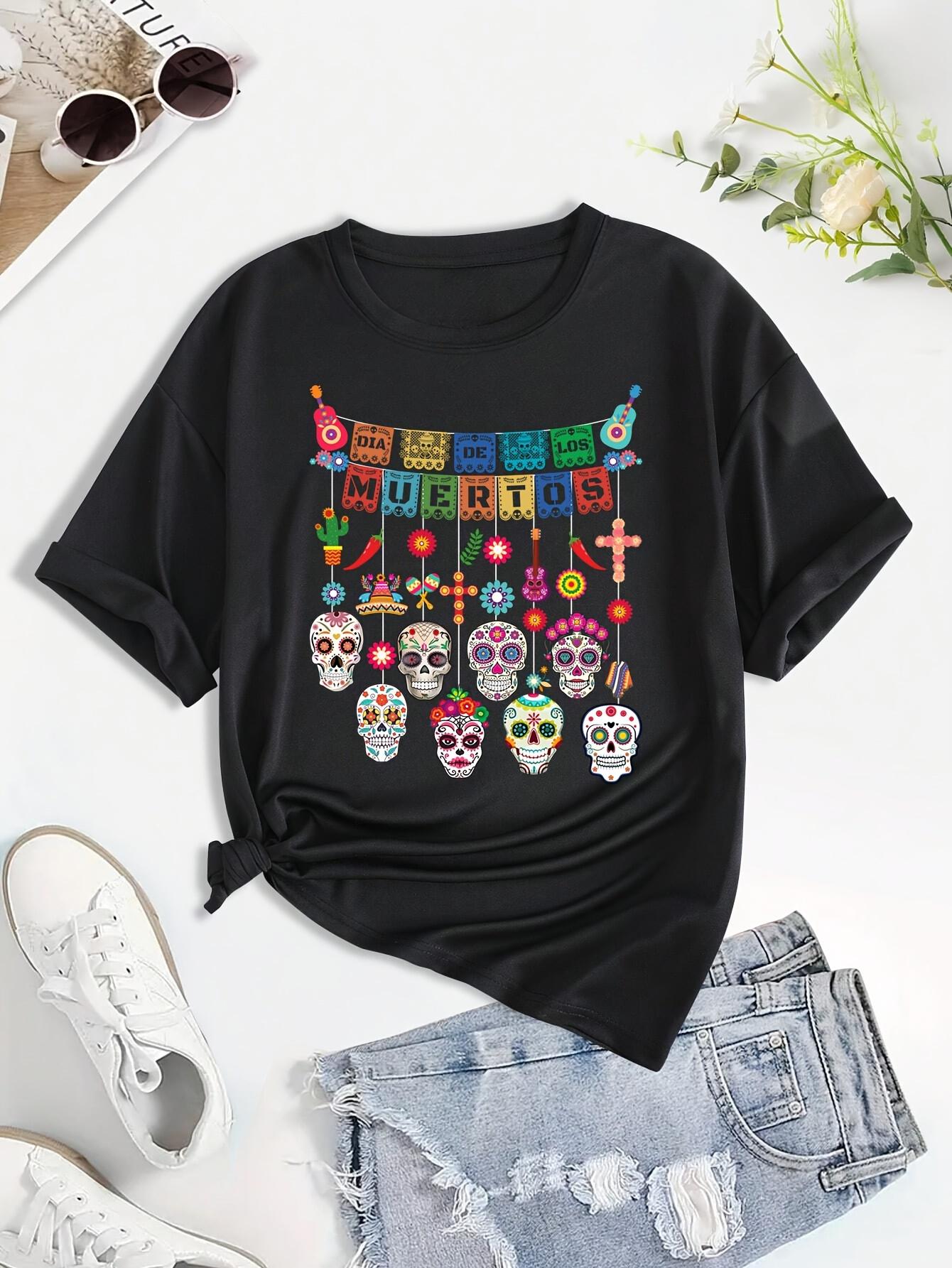 

Day Of Dead Print Crew Neck T-shirt, Casual Short Sleeve Top For Spring & Summer, Women s Clothing S разноцветный