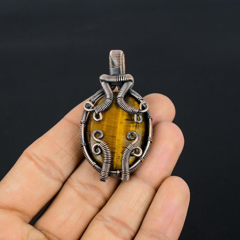 Tiger Eye Pendant, Handmade Gemstone 999 Copper Wire Wrapped Pendant Antique Jewelry, For Gift Silver Jewelry