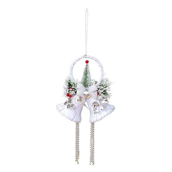 Christmas White Bell Ornament Vintage Rustic Jingle Bell Door Hanger with Artificial Flocking Tree Xmas Hanging Decoration for Holiday Tree Home Decor