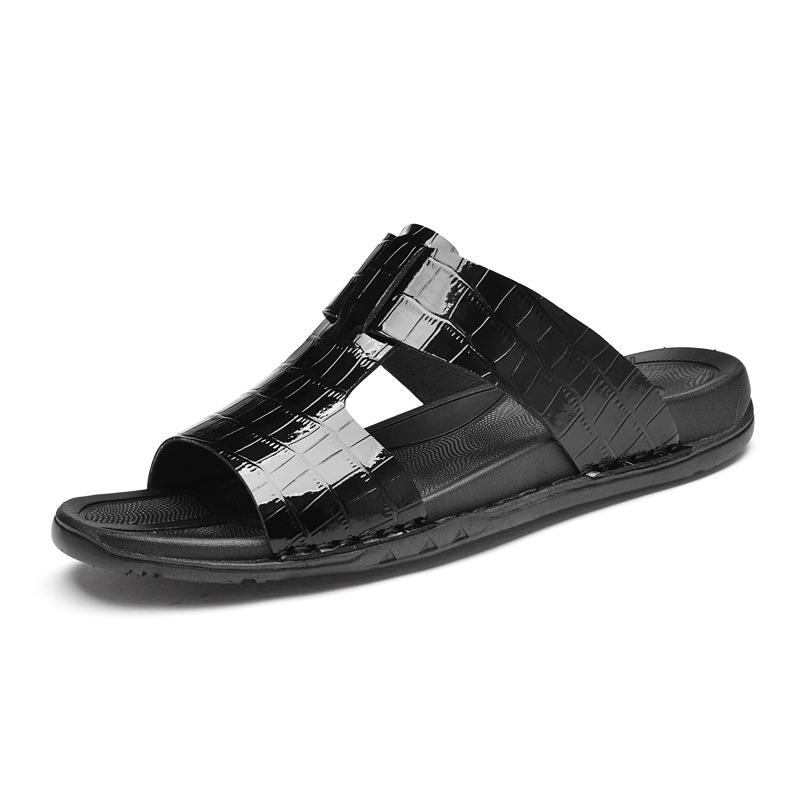 Men's Korean Style Embossed Cowhide Flip-Flops - Crocodile Pattern Single Strap Beach Sandals