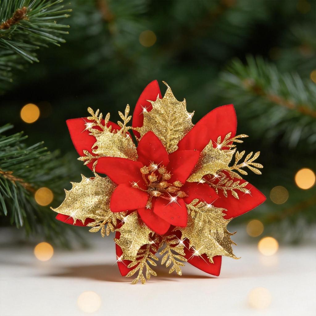 Gold Sparkle Christmas Floral Ornament Set: Three-Layer Simulation Flowers for Tree, Wreaths & Holiday Gifts