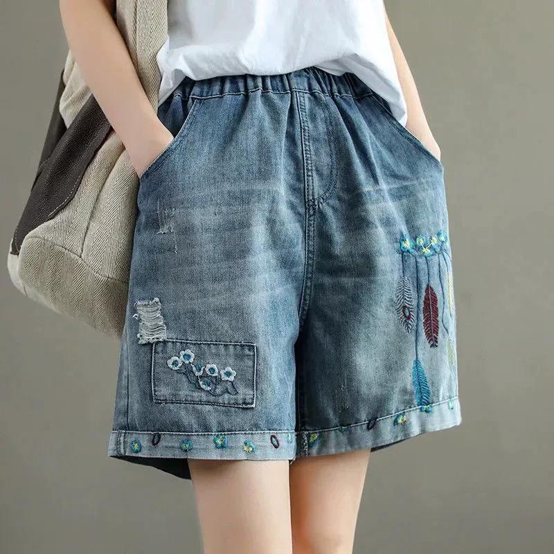 Women Summer Loose High Waist Denim Shorts Wide Leg Embroidered Shorts