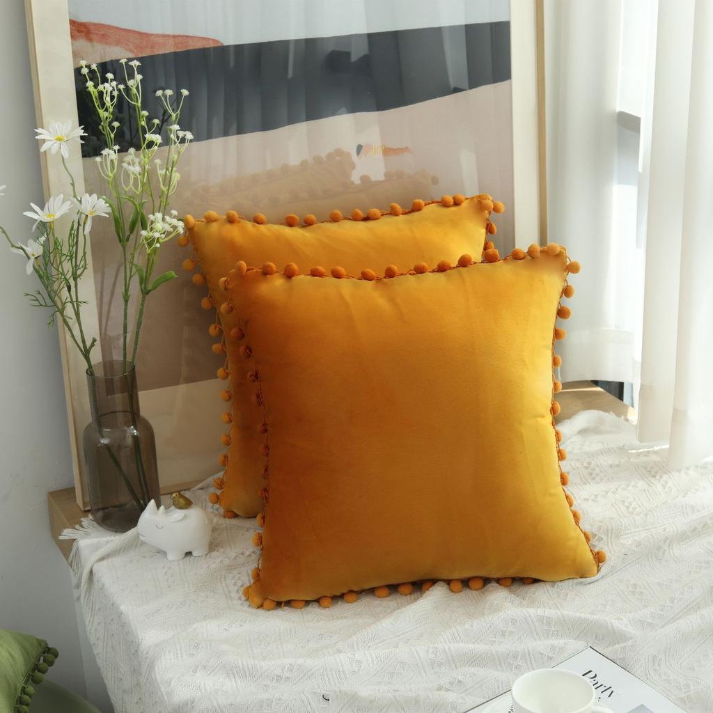 LMETJMA 1 Piece Burgundy Throw Pillow Covers with Pom Pom Velvet Euro Plush Cushion Covers for Sofa Couch Bedroom JT417