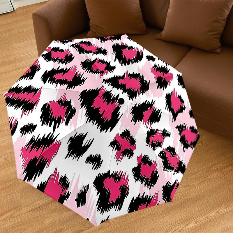 1PC Leopard Print Pink Umbrella-8-Rib Reinforced, Automatic Open, Lightweight & Durable, Cute Fashion Accessory for Outdoor-A1310