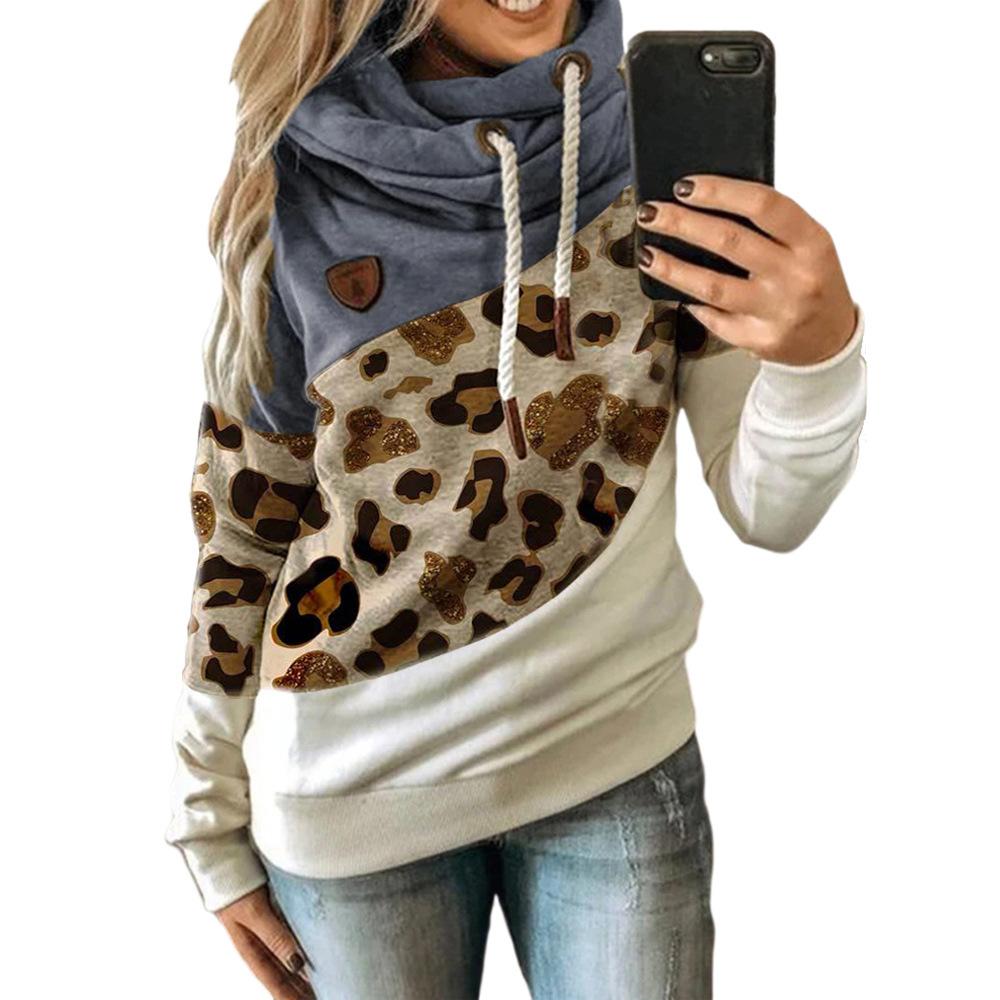 Frauen Leopardenmuster Patchwork Hoodie Kordelzug Rollkragen Kapuzenpullover Sweatshirt