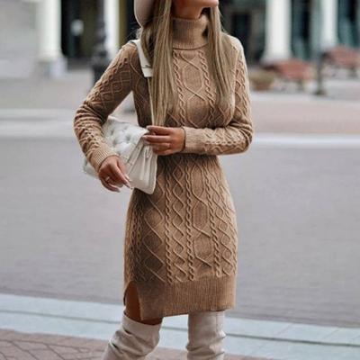 Fall Winter Sweater Dress High Collar Neck Protection Slim Fit Slit Hem