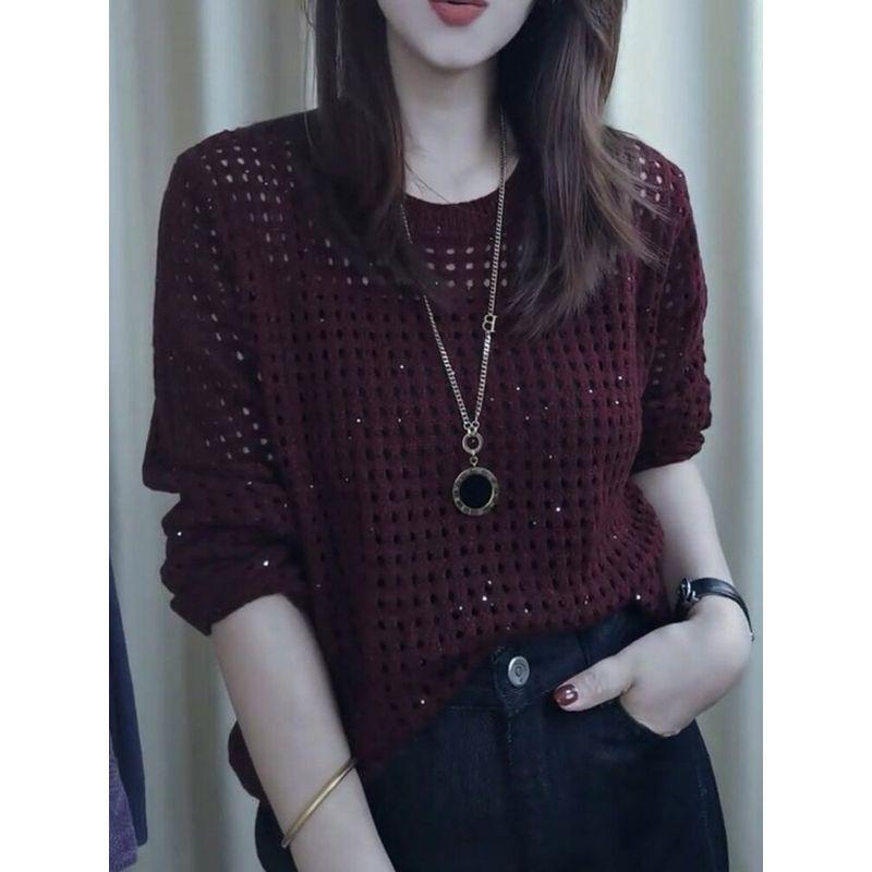 Elegant and Stylish High-End Red Long-Sleeve Knit Sweater for Women, 2026 Autumn New Round-Neck Hollow-Out Plus-Size Top