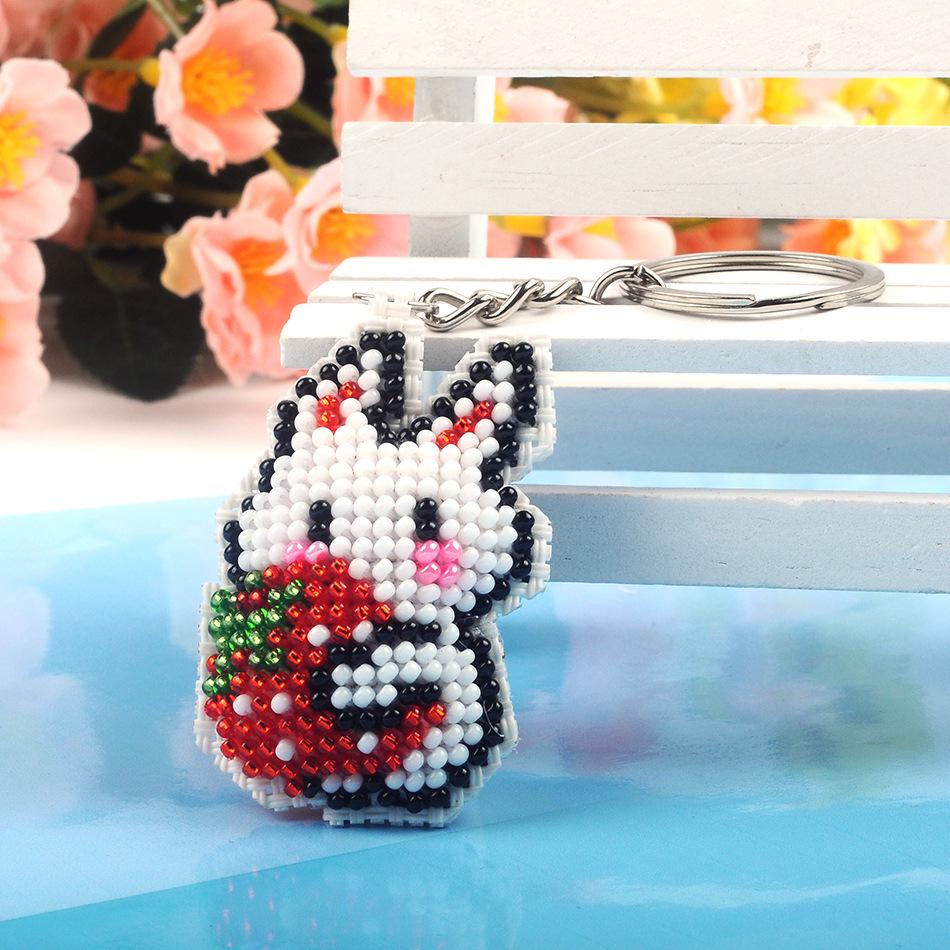 Strawberry Rabbit Precision Cross-Stitch Beaded Keychain Pendant