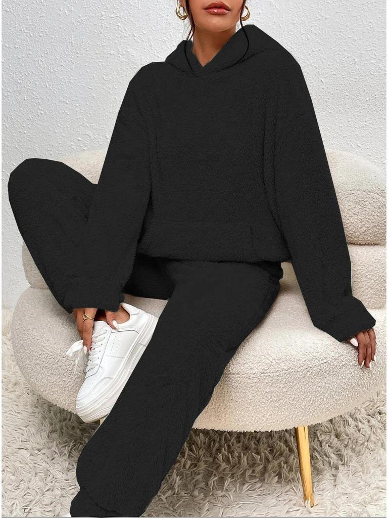 Autumn/Winter 2025 Women's Solid Plush Hooded Long Sleeve and Pants Set - European & American Style Casual Wear