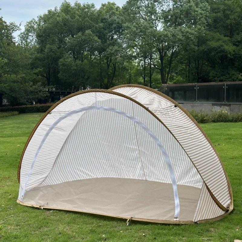 Beach Tent Quick Setup Portable Lightweight Striped Beige White Canopy for Camping Picnics Beach Outdoor Shade UV Protection