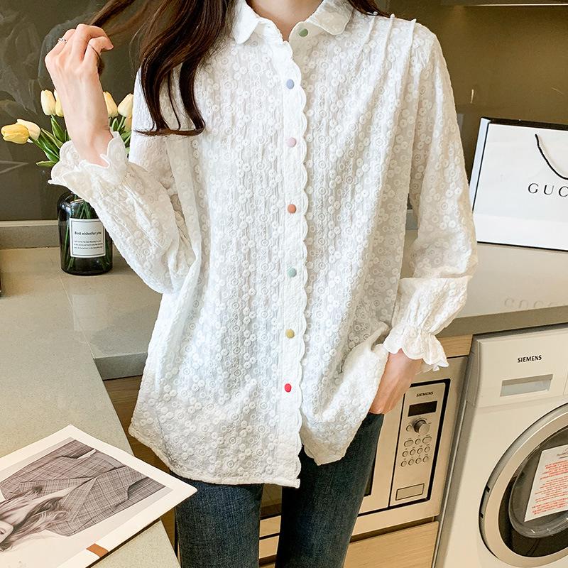 Embroidered White Cotton Lapel Shirt, Women's Long Sleeve Spring 2025 - Sweet, Stylish Design