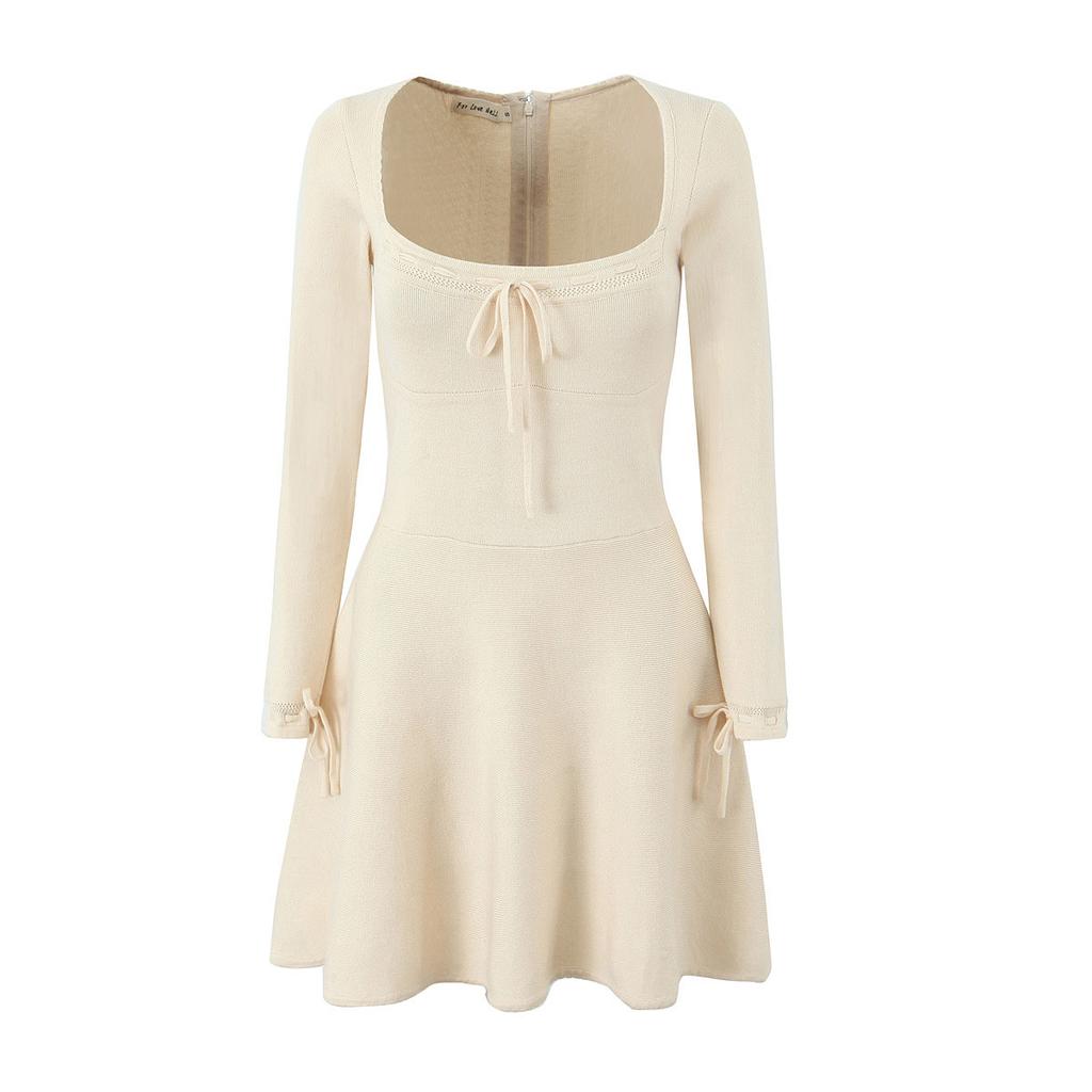 European and American French Pure Desire Style Retro Square Neck Bow Knitted Short Skirt Female Slim and Thin Temperament A-word Dress