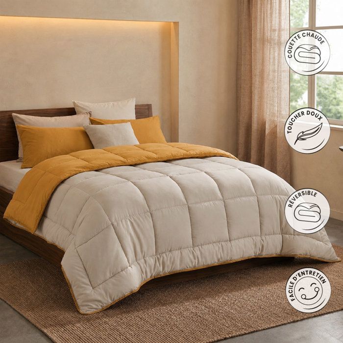 CALGARY - Couette Chaude Microfibre - 400gr/m² - Miel & Galet - 200 x 200 cm