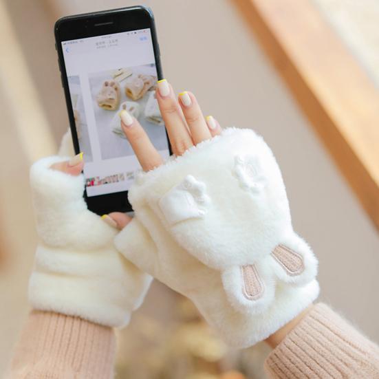 Women Winter Plush Gloves Thickened Warm Fuzzy Rabbit Mittens Girls Convertible Winter Fingerless Mittens
