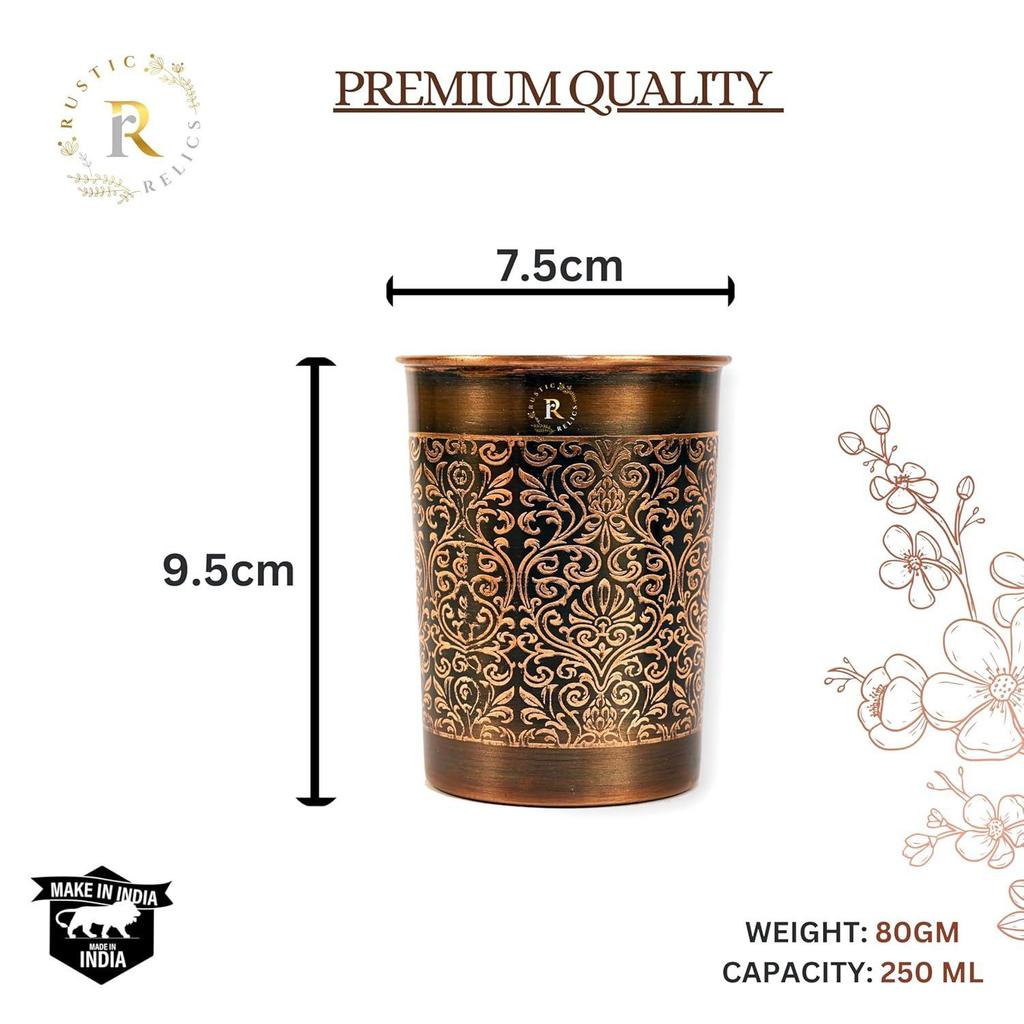 Pure Copper Handcrafted Glasses Set with Gift Box Set of 4 Antique Etching Design for Ayurveda Wellness | Elegant Ayurvedic Benefits
