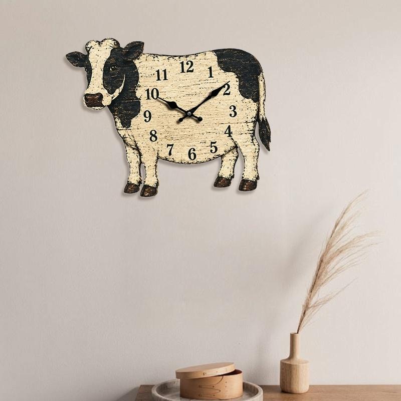 Cow Clocks Farmhouse Wall Clock Battery Operated None Ticking Wall Clock with Natural Wood Face, Metal Hands and Low-Noise Timekeeping for a Living