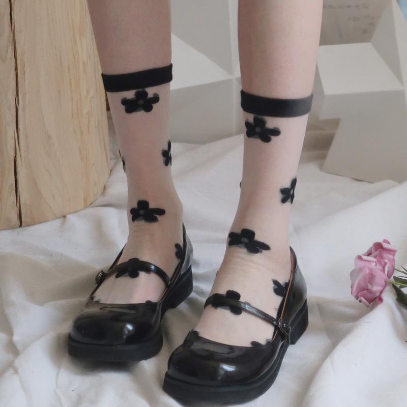 

New Korean Version Crystal Silk Ins Hyunya Style Flower Medium Tube Socks Crystal Glass Silk Love Stacking Socks Thin Socks One Size