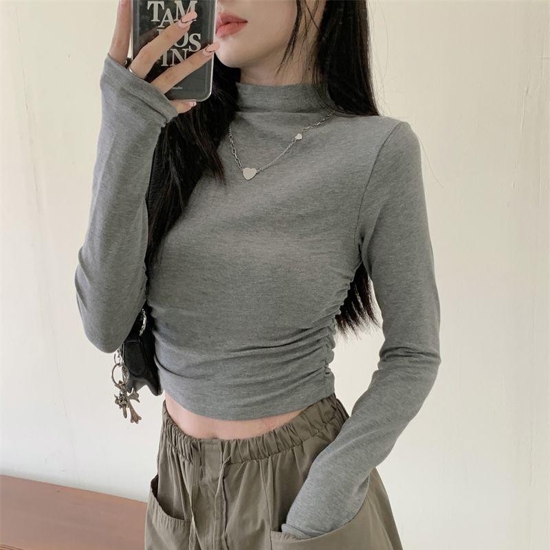 Women's Spicy Girl Ruched Semi-High Neck Slim Fit Long Sleeve Top