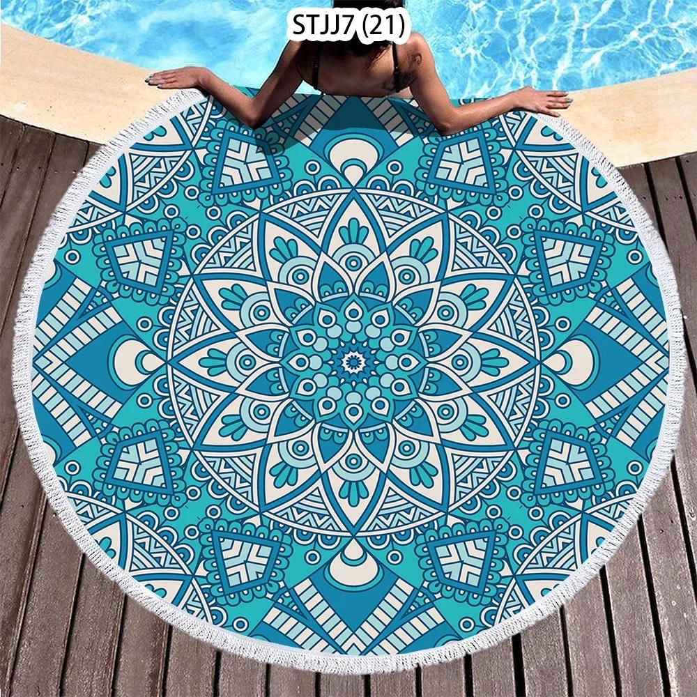 Ethnic Plaid Beach Creative Swimming Towel Microfiber Round Beach Towel Mandala Stripes Adult Large Round Bath Towel