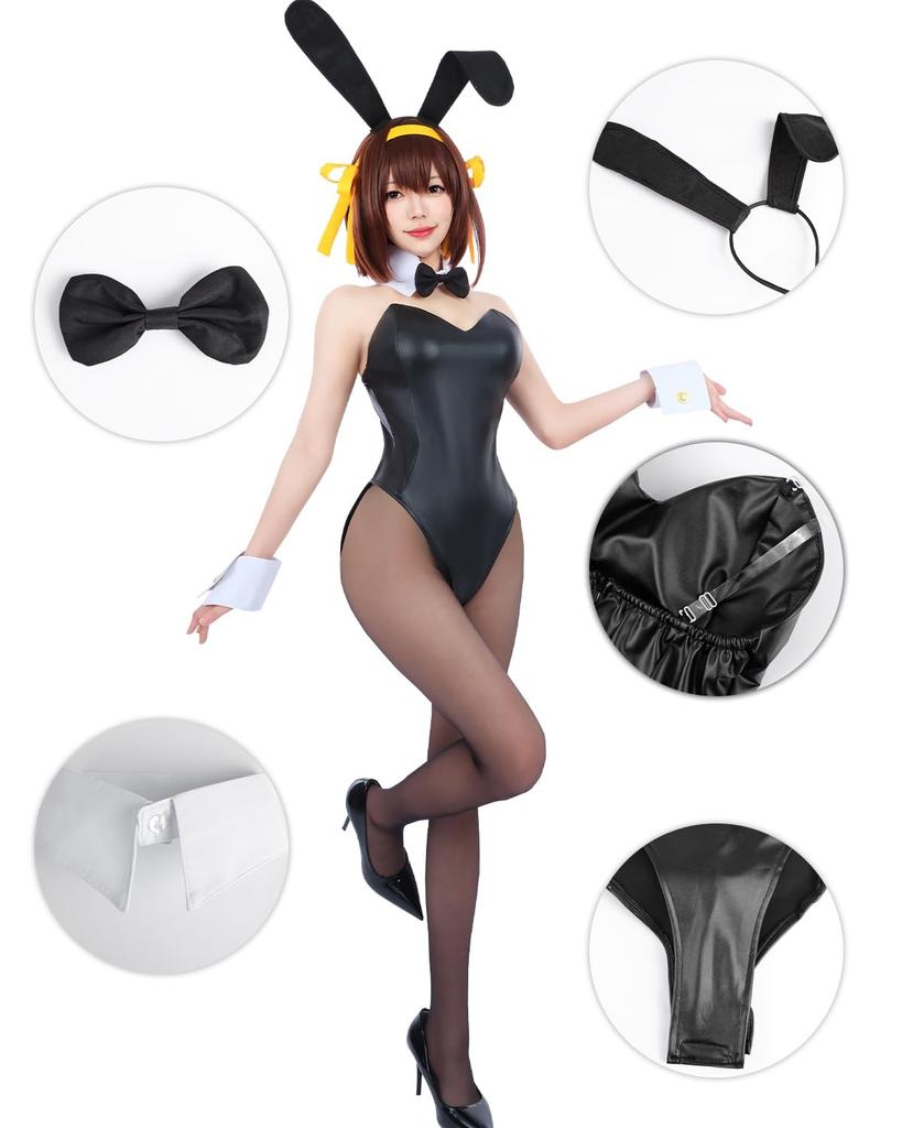 Bunny Girl Cosplay Haruhi Suzumiya Black White Synthetic Leather Bunny Costume High Leg Large Size Party Event Photoshoot Accessories Included
