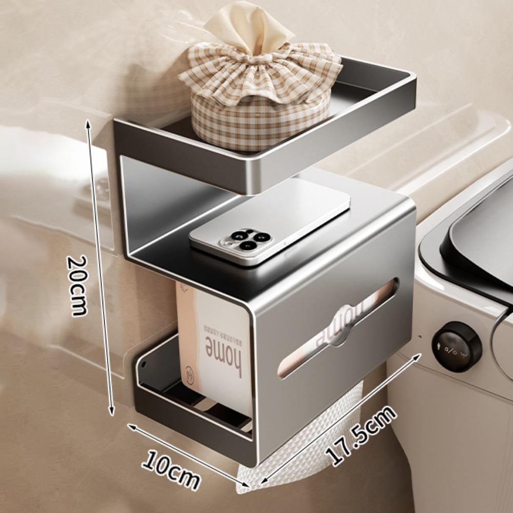 Drill-Free Bathroom Tissue Box Wall-Mounted Phone Shelf Toilet Paper Holder Space Saving Rustproof Toilet Storage Rack