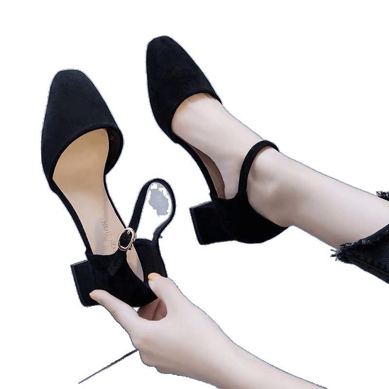 Spring and summer new French thick heel high heels versatile gentle fairy style middle heel one-word buckle with bag head sandals