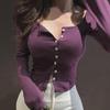 Korean Dongdaemun Retro Dark Purple Sexy Half-Open Collar Tight Long-Sleeve Cardigan Top