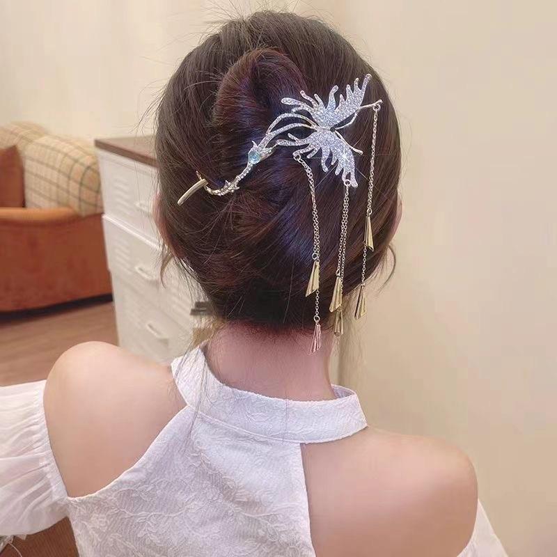 Elegant Rhinestone & Pearl Butterfly Tassel Hairpin - Women's Updo Clip