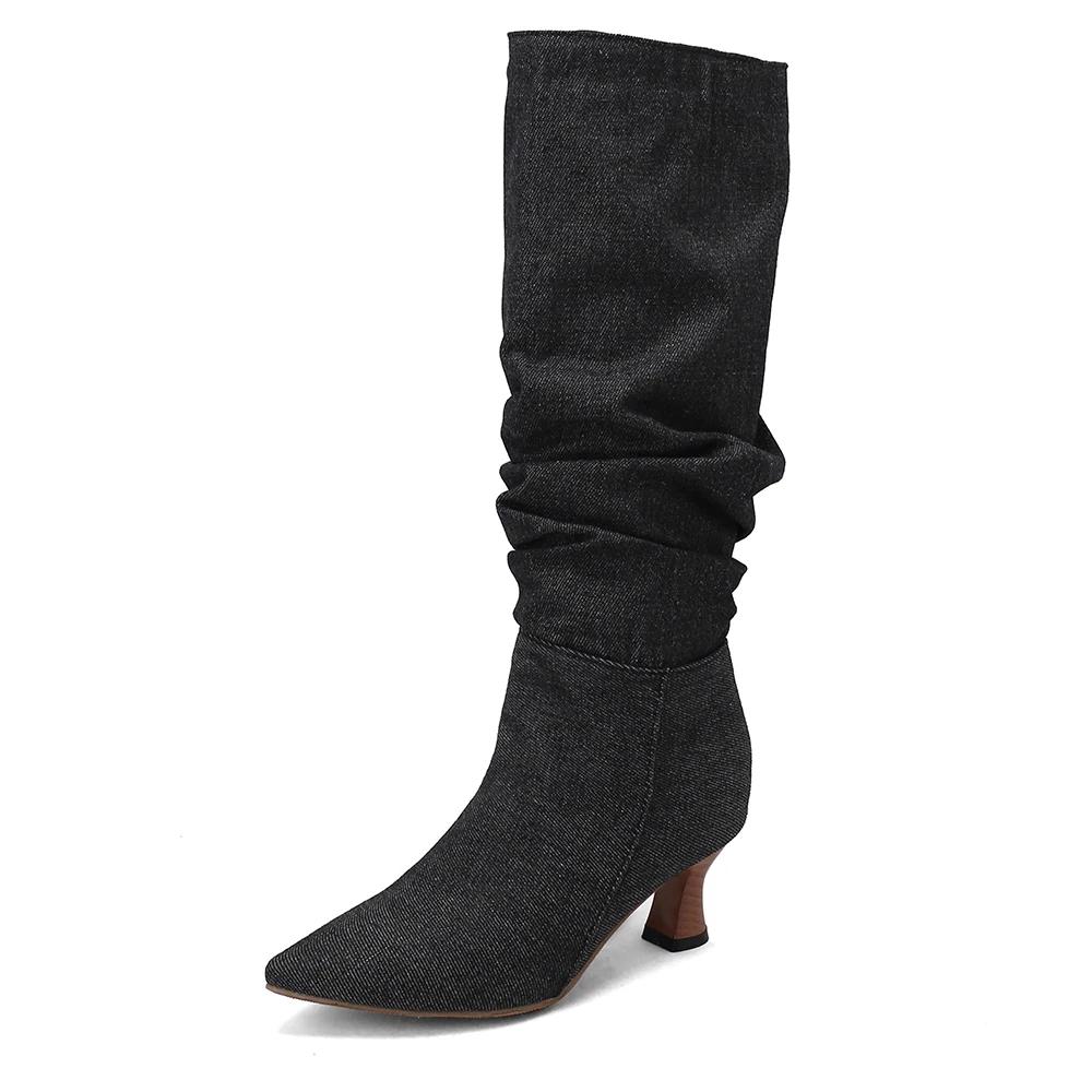 Retro Pleats Thigh High Boots for Women Autumn Thick Heeled Pointed Toe Cowboy Boots Woman Slip On Western Long Botas Mujer