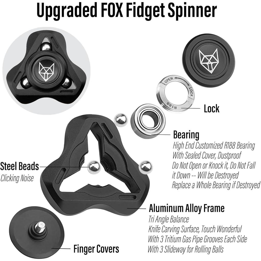 Fox Tri 1.8'' Fidget Spinner with Steel Beads, Luminous Metal Spinners Toy, Premium Bearing 2~4Min, Autism Sensory ADHD Anxiety Focus Meditation