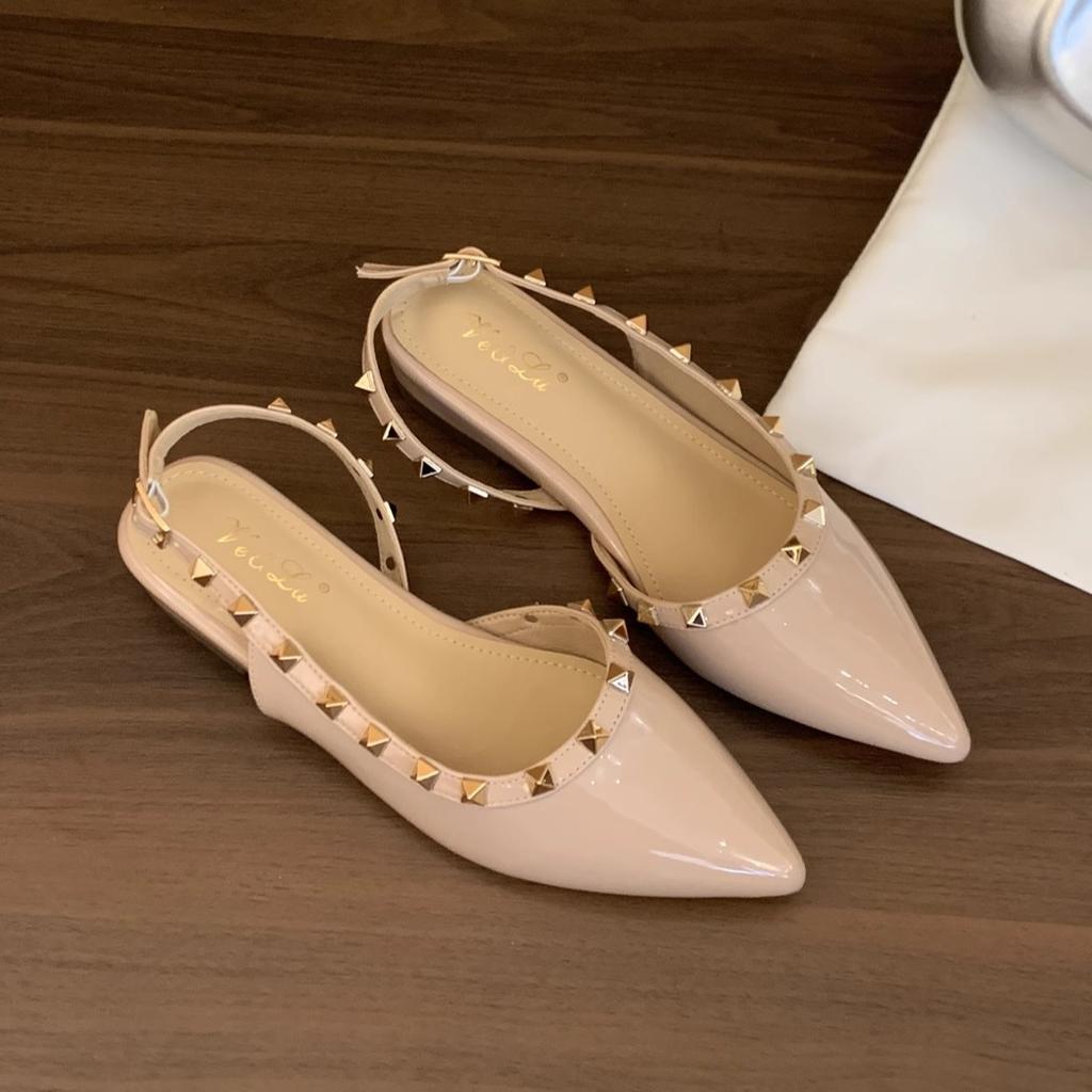 French temperament pointed head nude rivets thick-soled wedge heel single shoes women's 2025 new patent leather bag head sandals women's summer