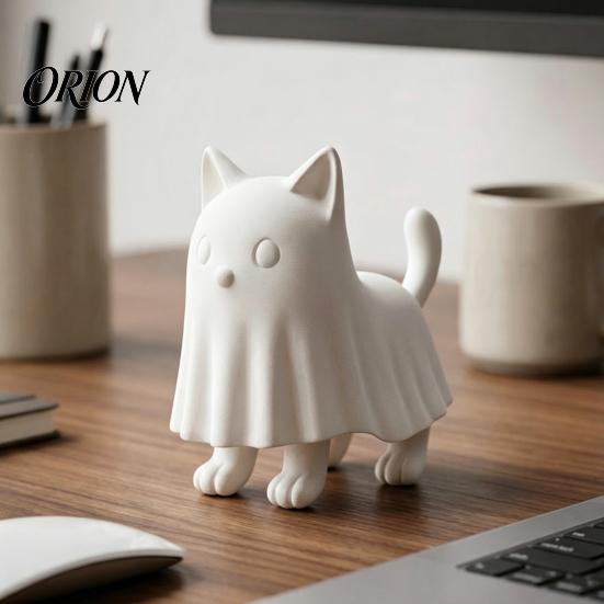 Personalized Festive Gift Ghost Cat Figurine, 3D Printed Cute Cloak Kitty Sculpture, Minimalist Halloween DIY Hand Painted Decor Tabletop Decor, Blank
