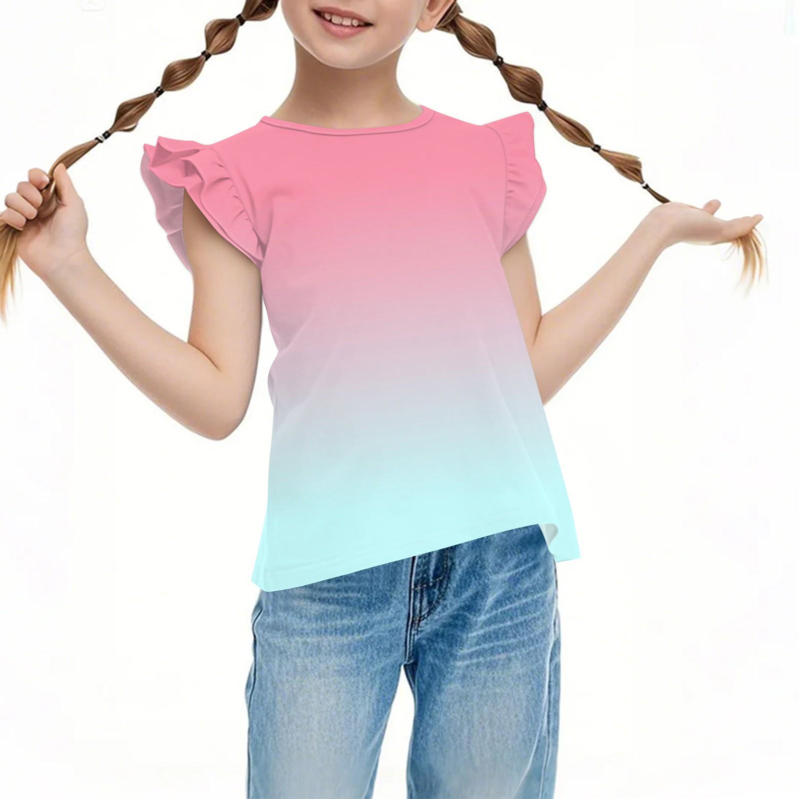

Children s Casual Short-Sleeved Pleated, Cute Gradient Printed Round-Neck Solid-Color Top 160 розовый