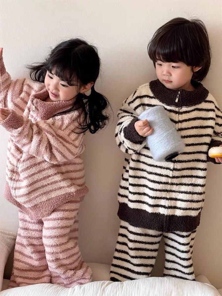 Kids' Coral Fleece Pajamas: Striped Zipper Parent-Child Set for Autumn and Winter