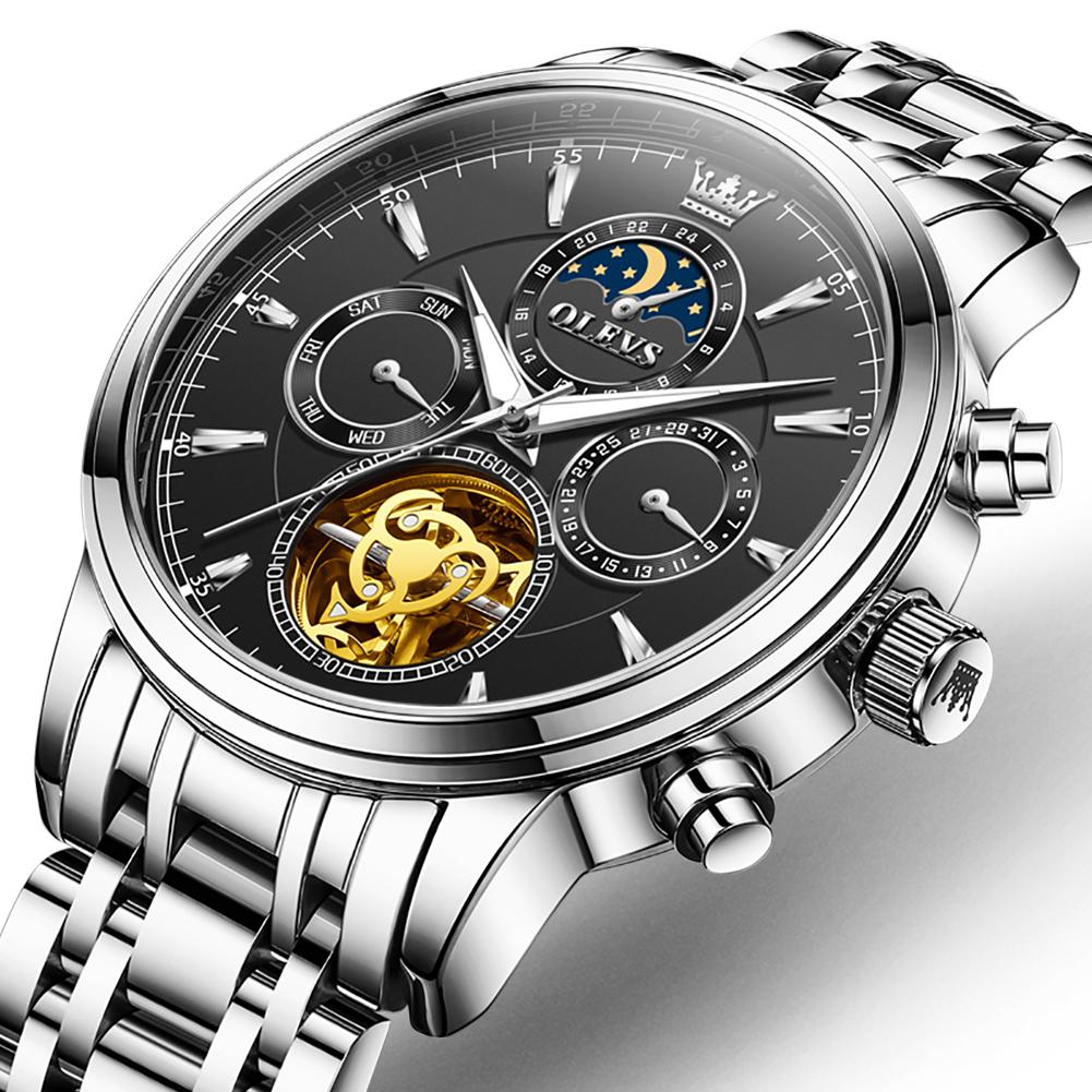 OLEVS High Quality Luxury Men Tourbillon Gold Watch Automatic Movement Mechanical Male Stainless Steel Waterproof Wristwatches