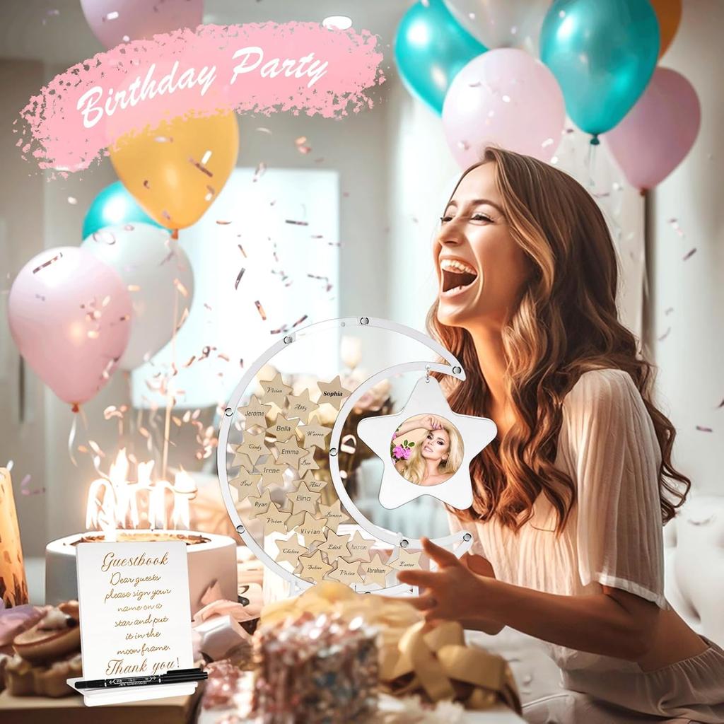 Baby Shower Guest Book, 68PCS Baby Shower Sign in Guest Book Baby Shower Decorations Moon Token Frame Star Wooden Keepsake Frame Baby Shower Decors