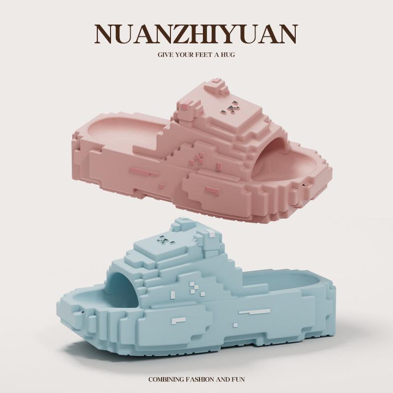 Building Block Pixel Bear Slippers Women's Summer New Thick Bottom Non-slip Bath Cartoon Cool Slippers Men