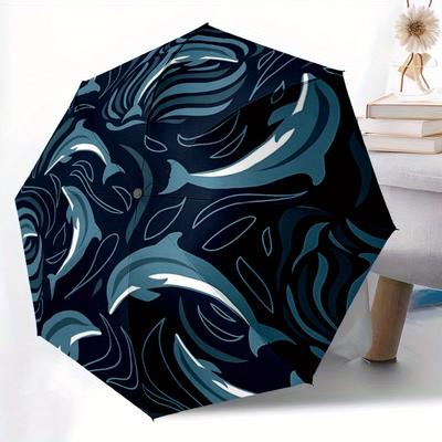 1pc Dolphin Waves Automatic Open/close Folding Compact Umbrella, 8 Rib Sturdy Canopy, Lightweight Portable, Commuting Use, Gift,,090