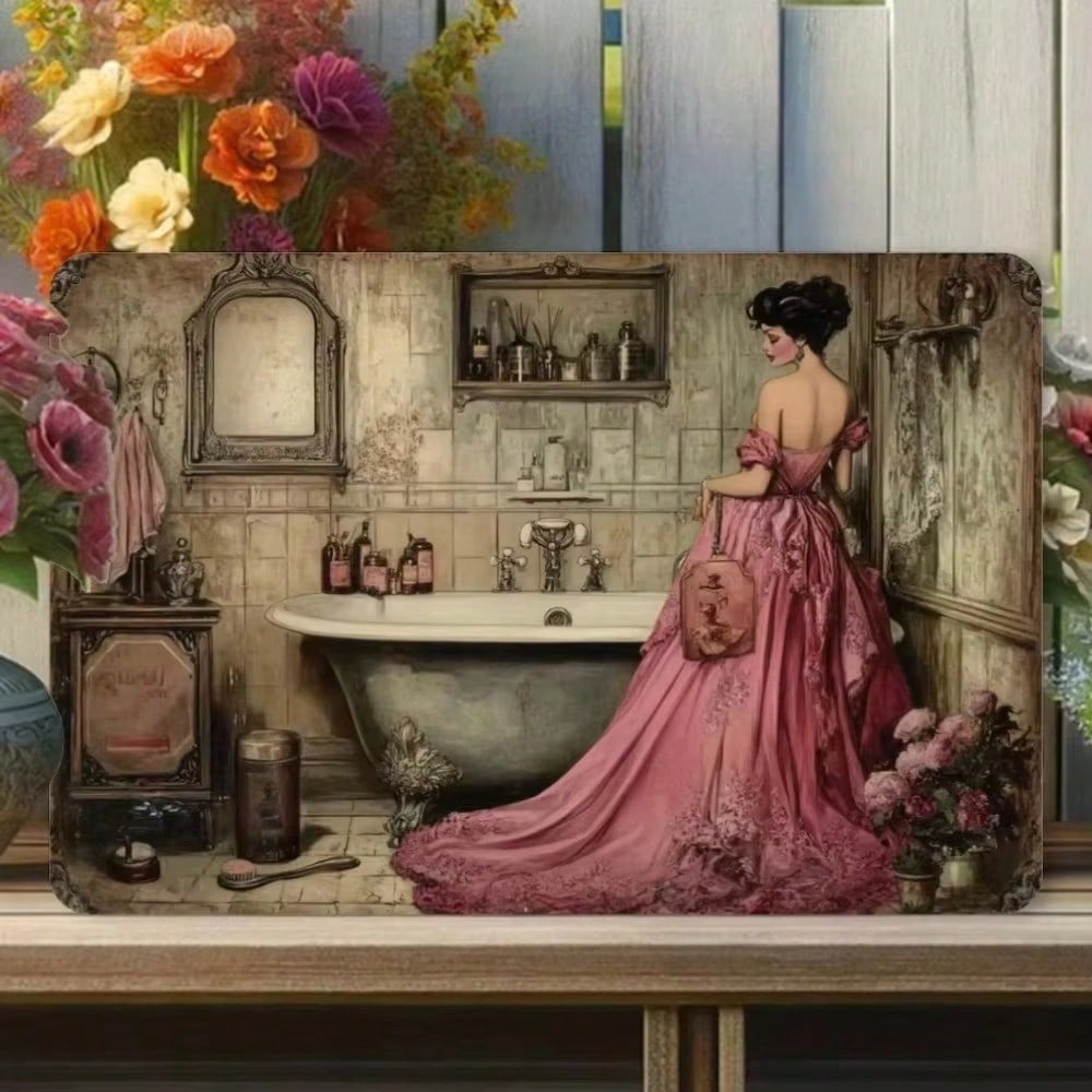 Vintage Bathroom Metal Tin Sign Woman Dressing Retro Wall Art Home Garage Decor