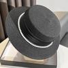Cappello da Sole da Donna Elegante in Raso con Bordino di Perle, a Tesa Larga, per Spiaggia, Estivo, per Protezione Solare all'Aperto