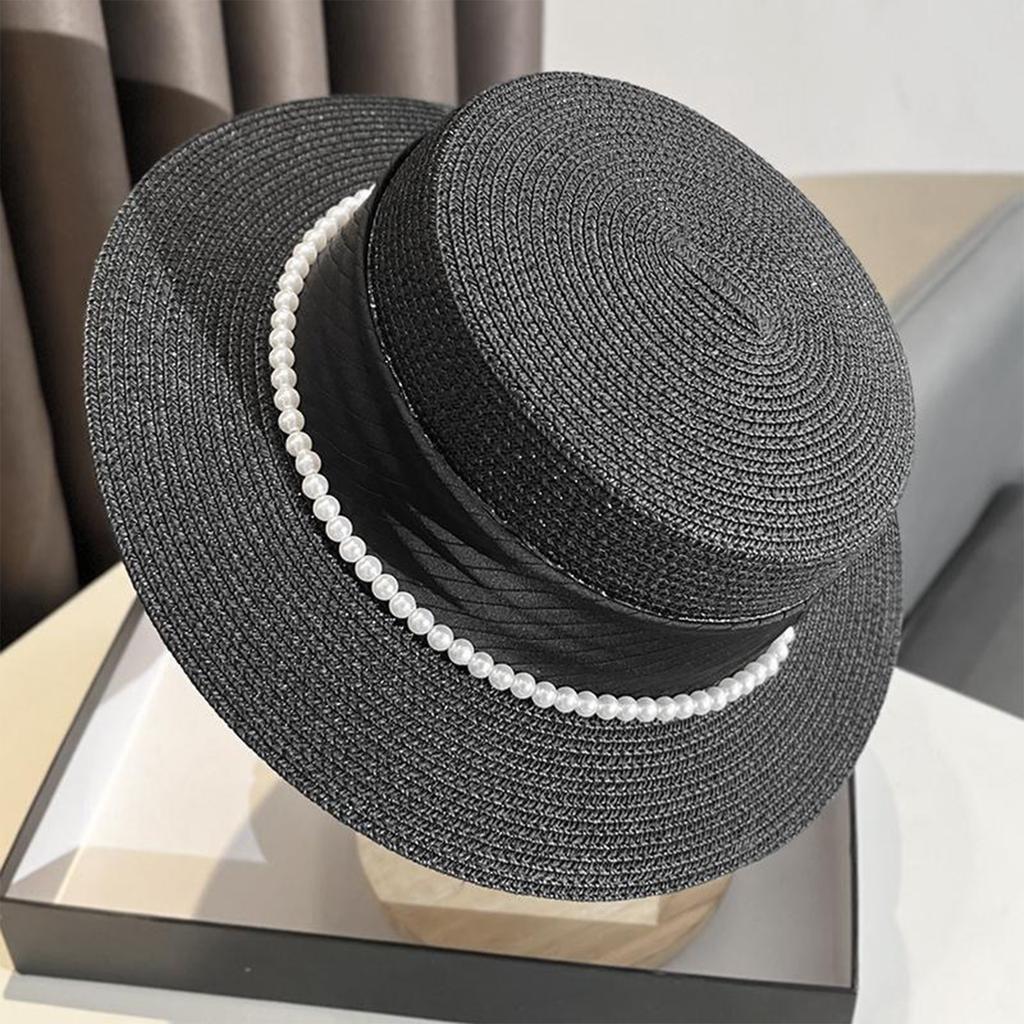 Cappello da Sole da Donna Elegante in Raso con Bordino di Perle, a Tesa Larga, per Spiaggia, Estivo, per Protezione Solare all'Aperto