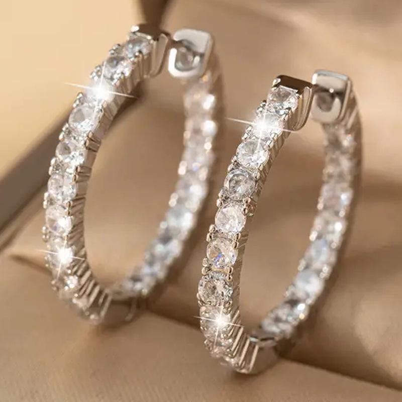 Silver Plated Full Paved CZ Hoop Earrings, Sparkling in & Out Crystal Huggie Hoops for Women