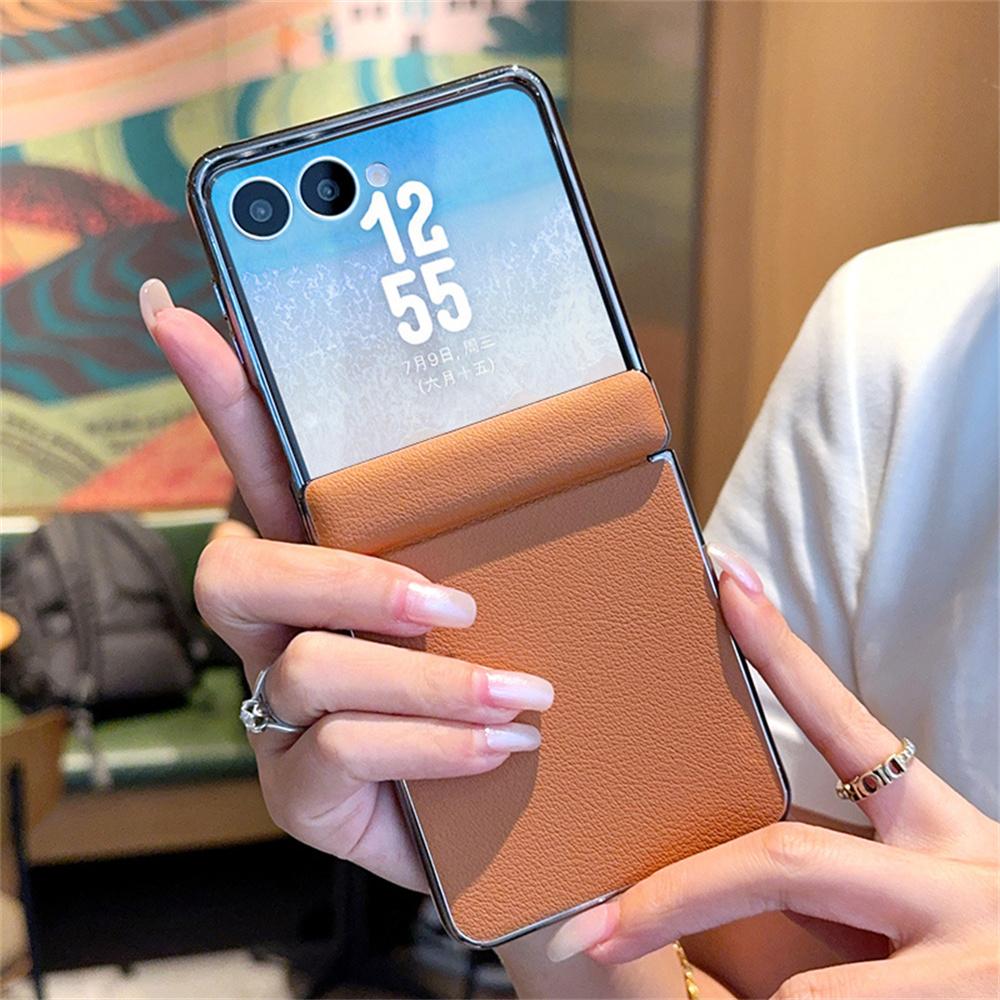 Solid Color Phone Case For Samsung Galaxy Z Flip 7 5G Leather PC Hard Shell Hinge Protective Flip7 Back Cover