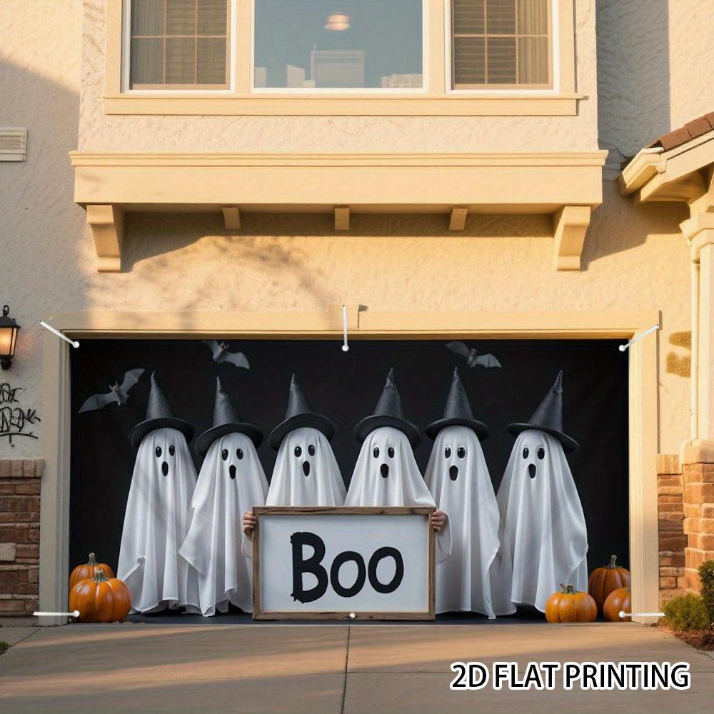 2D Door Banner, 1pc Halloween Garage Banner - Ghost and Bat Design, 2D Flat Printing, Polyester Material